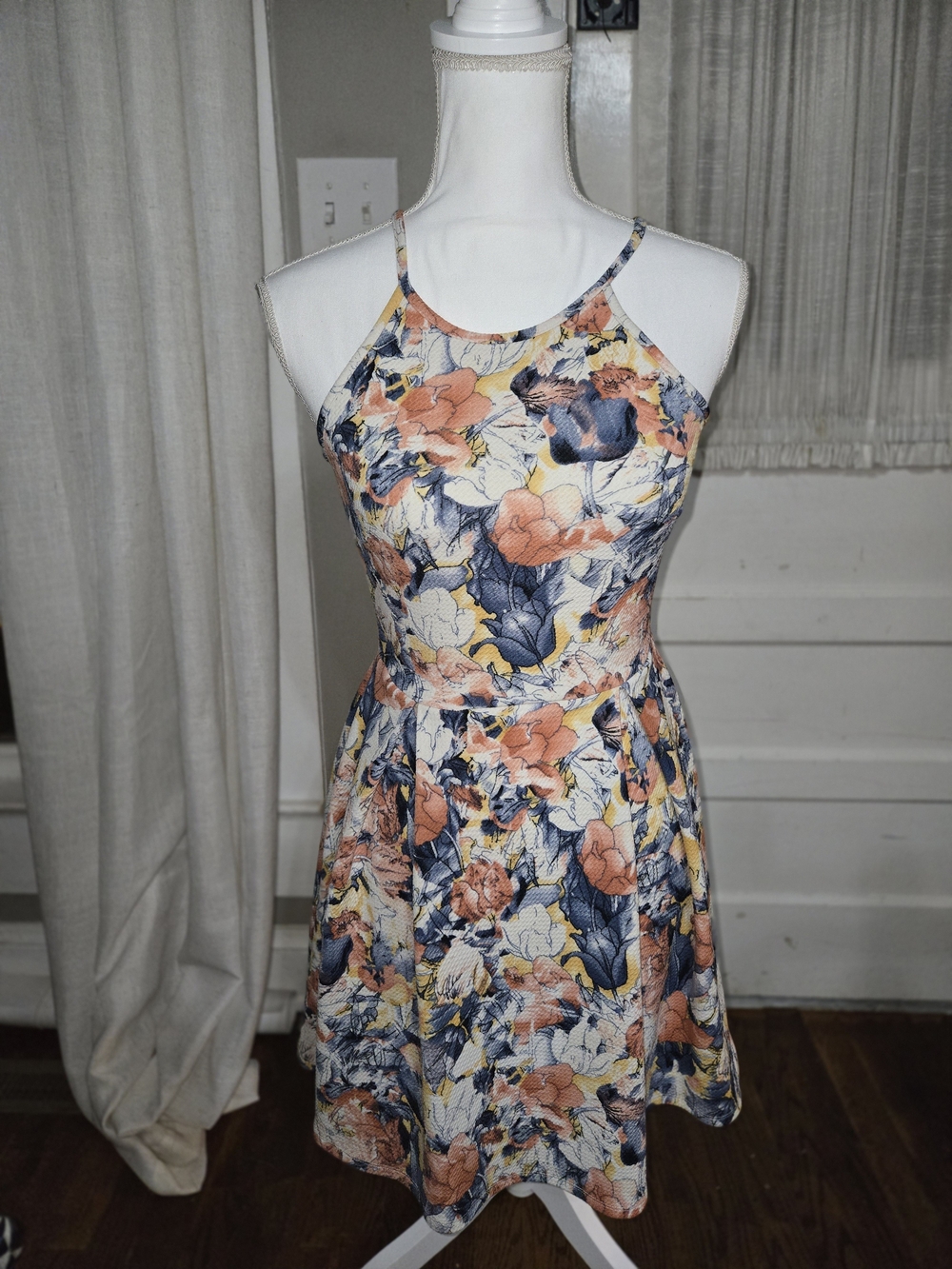 Soprano Peach, Navy & Yellow Floral Halter Mini Dress